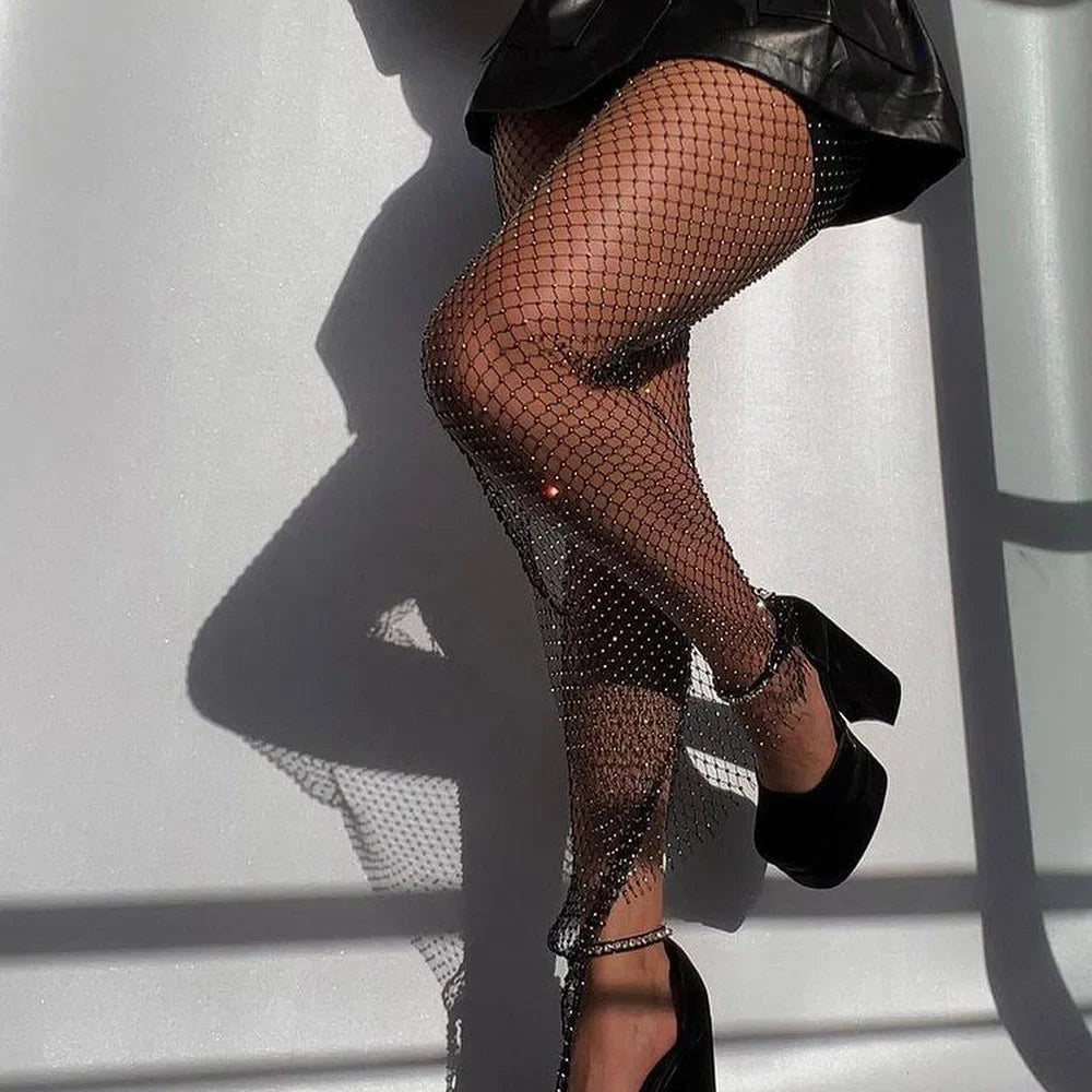 Beberino Rhinestone Fishnet Pants: Y2K Streetwear Wide Leg Trousers