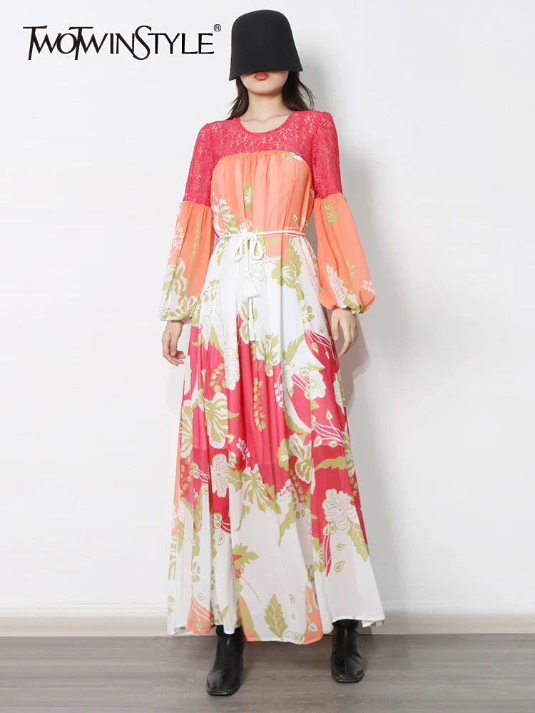 Beberino Colorblock Print Dress: Round Neck Long Sleeve Midi Dress - 2022 Style