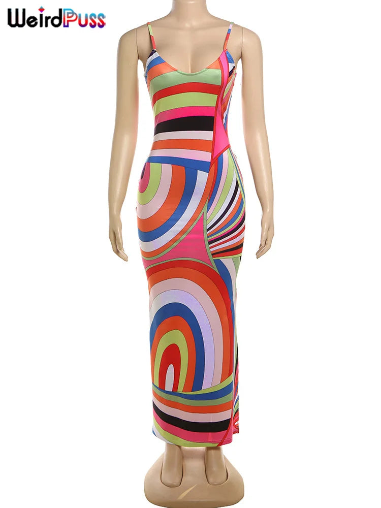 Beberino Colorful Print Tank Dress with Side Split, Sleeveless Summer Fashion for Women