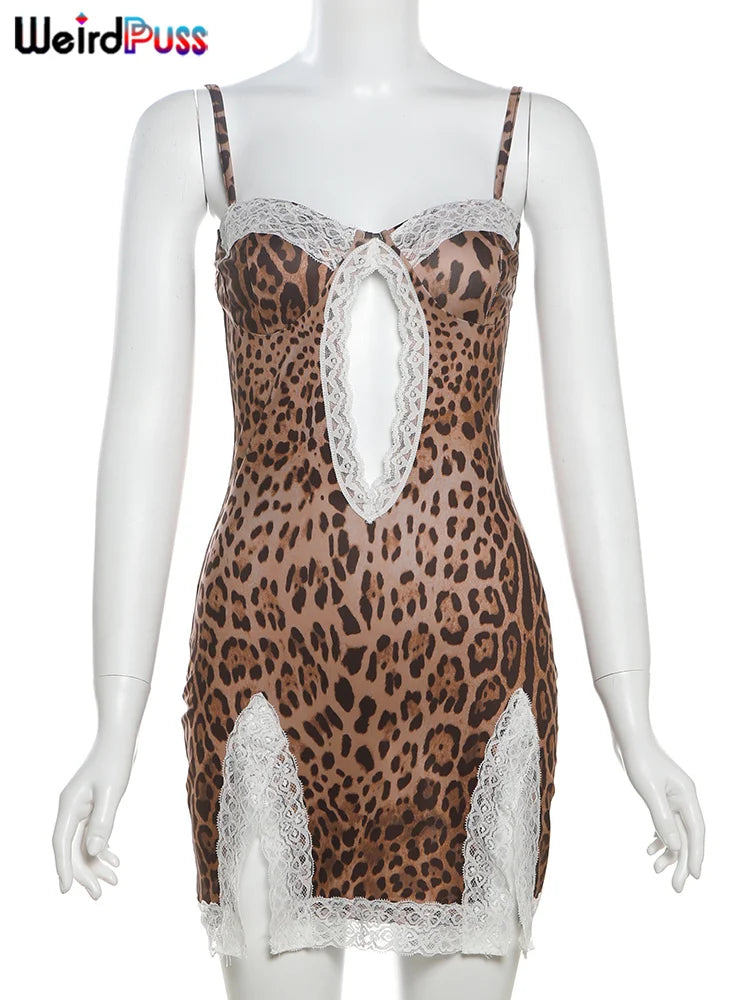 Beberino Leopard Print Mini Dress Sexy Hollow Spagehetti Straps Lace Trim Party Clubwear