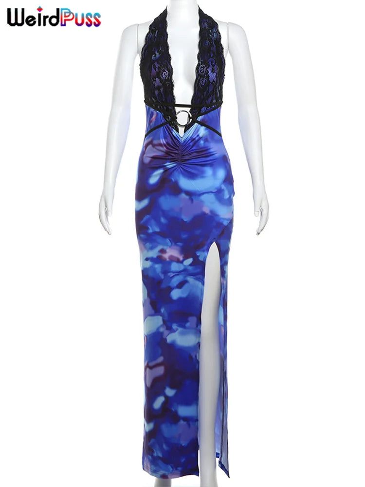 Beberino Midnight Gradient Print Bodycon Dress with Mesh Patchwork and Backless Design