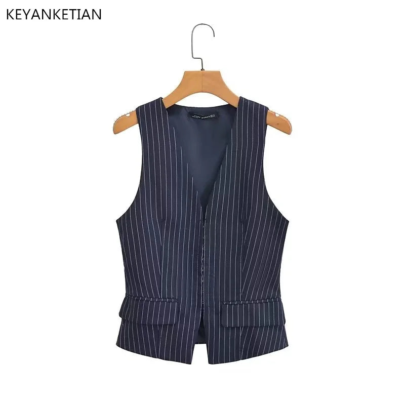 Beberino Navy Blue Striped Vest Slim V-Neck Sleeveless Top - Summer Collection