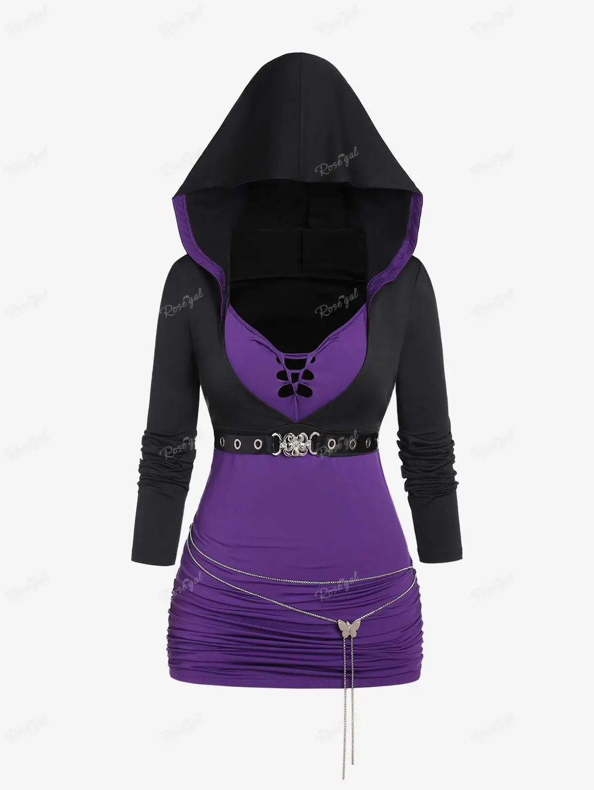 Beberino Purple Hooded Buckle Chain Plus Size T-shirt - Autumn Long Sleeves Top