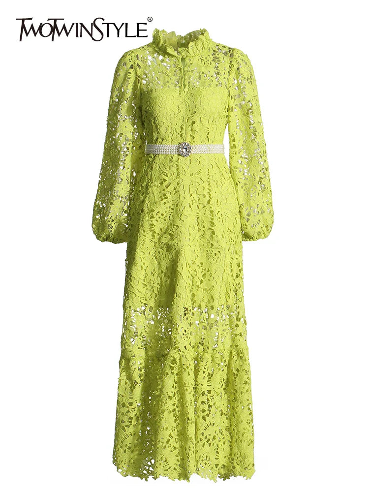 Beberino Embroidered Hollow Out Dress with Spliced Belt and Stand Collar