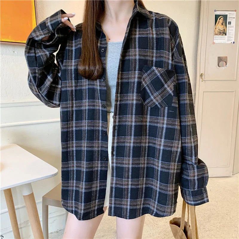 Beberino Plaid Shirt Women Spring Oversize Button Up Casual Outwear Tops