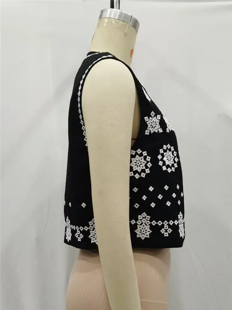 Beberino Embroidered Sleeveless Waistcoat - National Style Round Neck Blouse