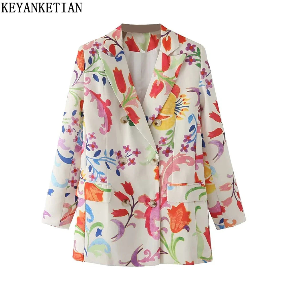 Beberino Floral Print Double Breasted Blazer Jacket - Women's Spring Fashion