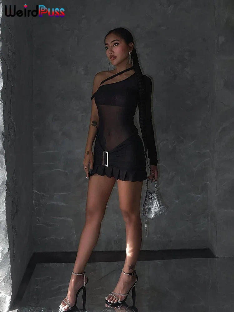 Beberino Diagonal Collar One Shoulder Mini Dress Sheer Mesh Patchwork Ruffles Midnight Clubwear