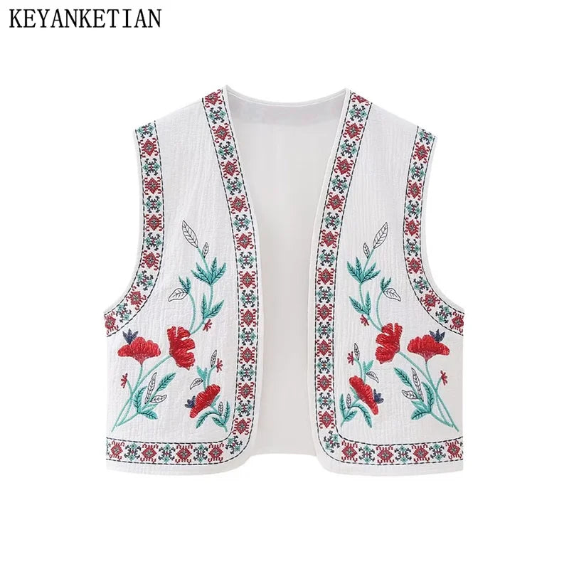 Beberino Autumn Garden Flower Embroidered Vest - Boho Chic Waistcoat Crop Top