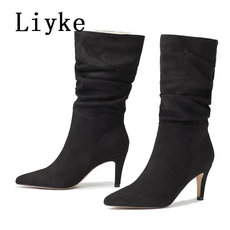 Beberino Black Pleated Chelsea Ankle Boots Stiletto Heel Booties for Women