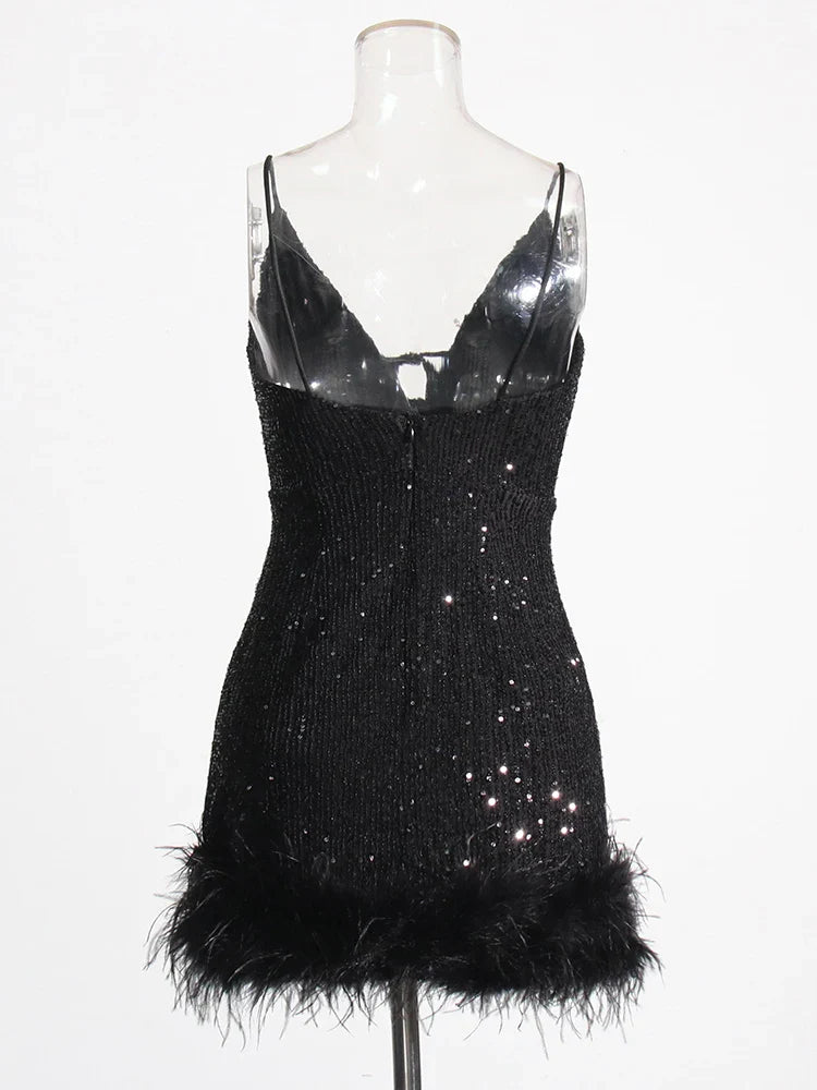 Beberino Sequin Feather V-Neck Bodycon Dress Slim Sleeveless Tunic Patchwork