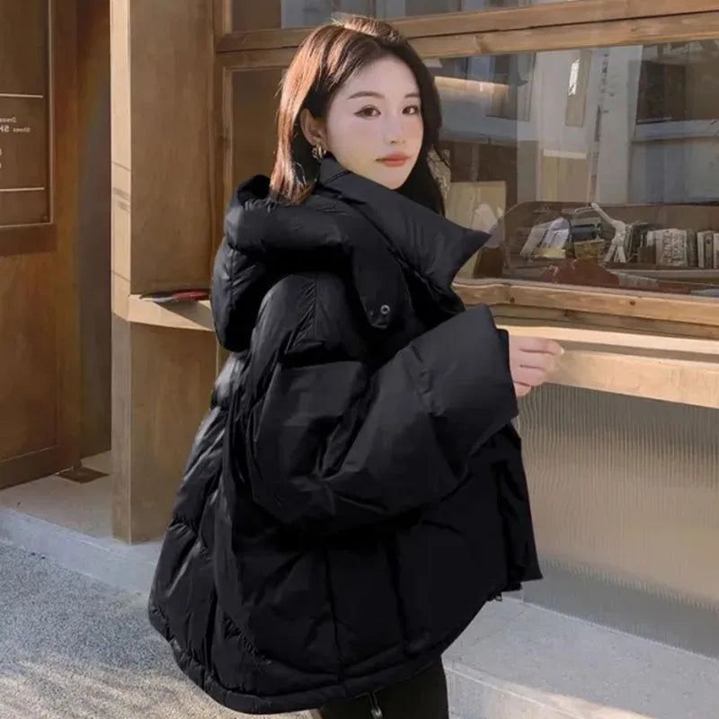 Beberino Green Down Jacket with Hood, Big Pockets, Warm Winter Cotton Coat for Women.