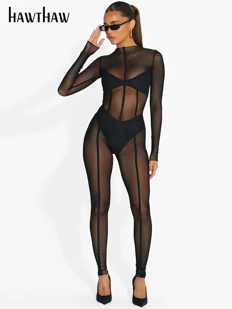 Beberino Mesh Club Wear Long Sleeve Black Jumpsuit for Women