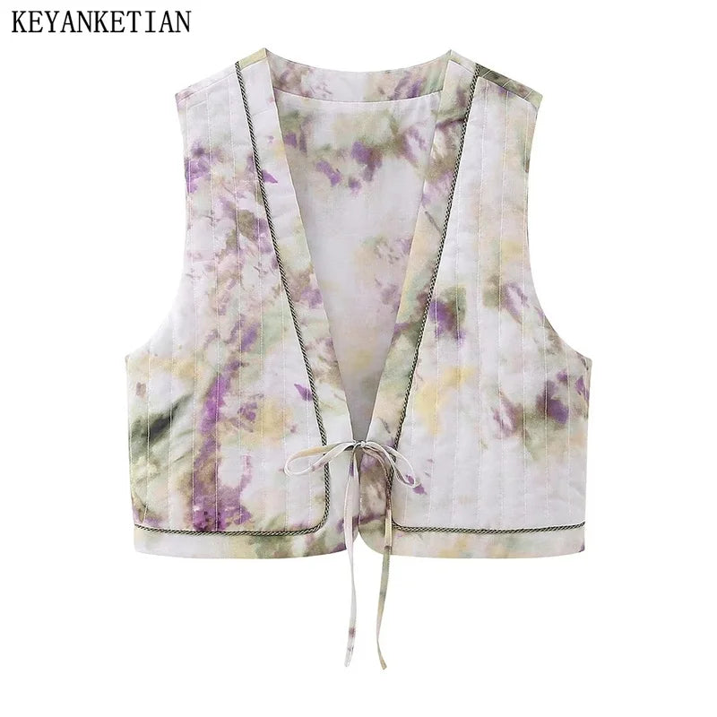 Beberino Tie-Dye Cotton-Padded Vest Wind Lace Up Crop Top Waistcoat