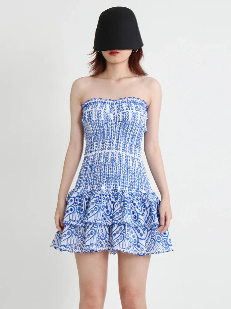 Beberino Embroidery Cut Out Mini Dress - Strapless Off Shoulder High Waist Summer Dress