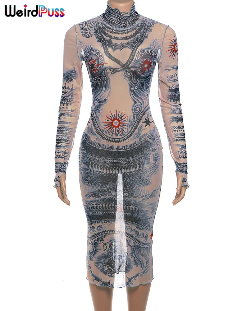 Beberino Vintage Print Long Sleeve Bodycon Maxi Dress