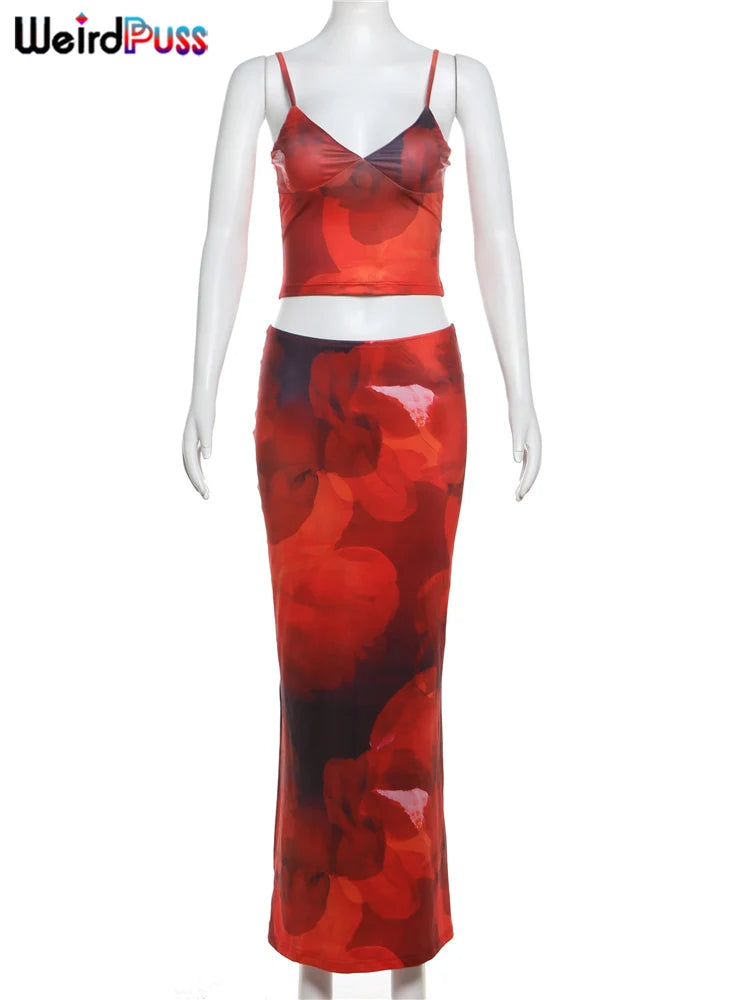 Beberino Tie-Dye 2 Piece Set: V-Neck Camisole + Maxi Skirt Set