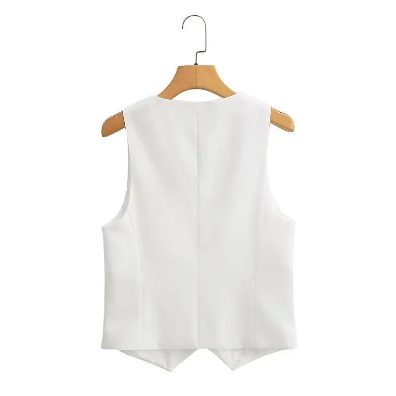 Beberino Deep V-Neck Slim White Vest, Casual Short Sleeveless Top for Women