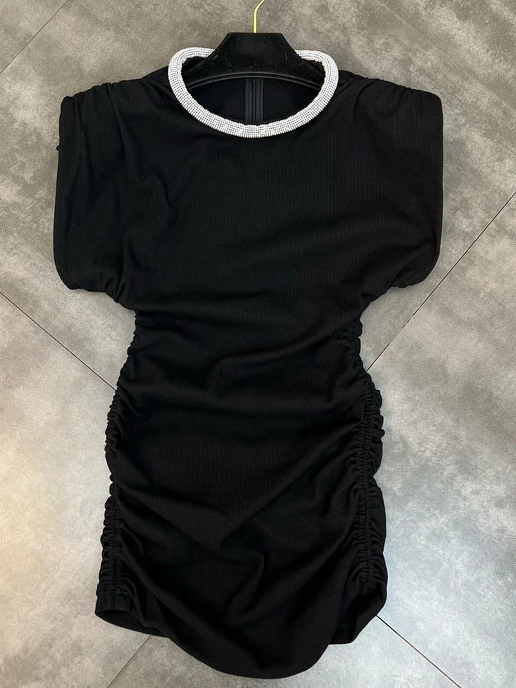 Beberino Black Summer Mini Dress with Round Neck and High Waist