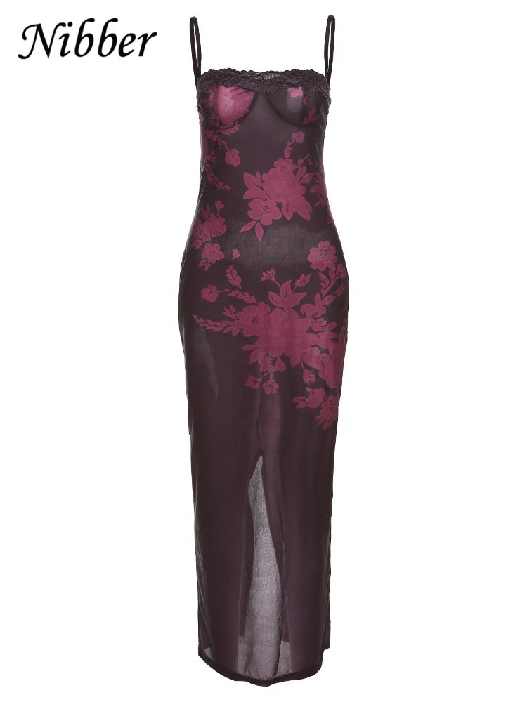 Beberino Lace Strap Floral Print Maxi Dress: Elegant, Backless, Slim for Midnight Clubwear.