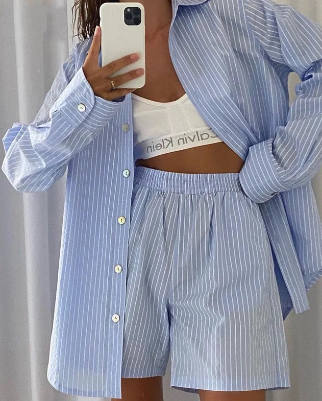 Beberino Striped Long Sleeve Shirt and High Waisted Shorts Set