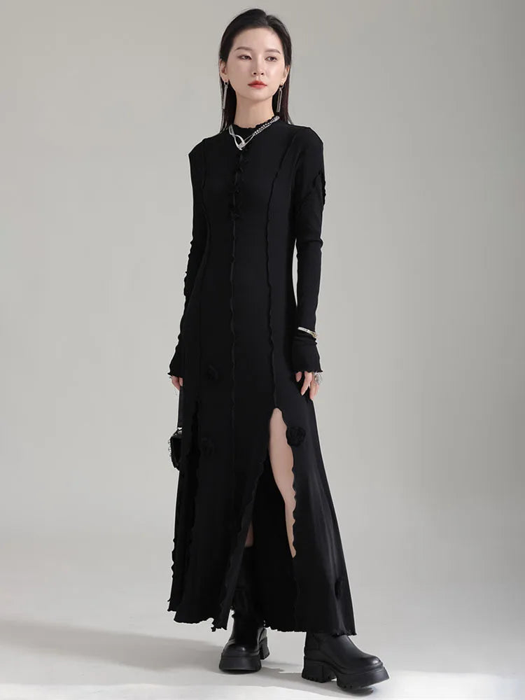 Beberino Black Flower Slit Long Dress Turtleneck Loose Fit Elegant Style