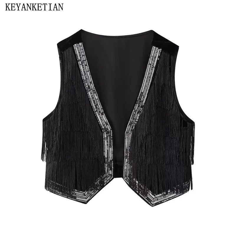 Beberino 2024 Velvet Tassel Crop Top Sequin Vest Boho Waistcoat Coat