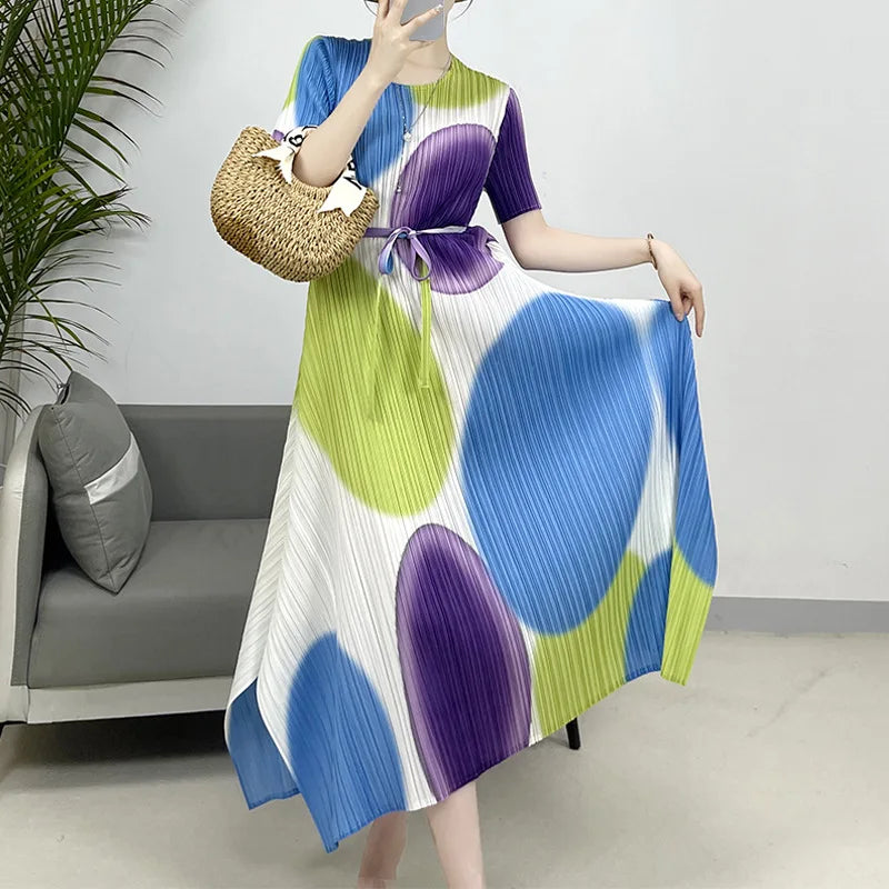 Beberino Printed Pleated Dress: 2024 Summer New Casual Slim Waist Long Skirt Women's Clothing