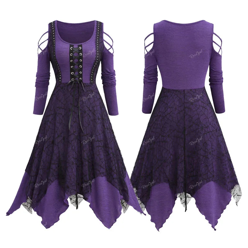 Beberino Purple Spider Web Mesh Cold Shoulder Midi Dress Plus Size Halloween Dresses