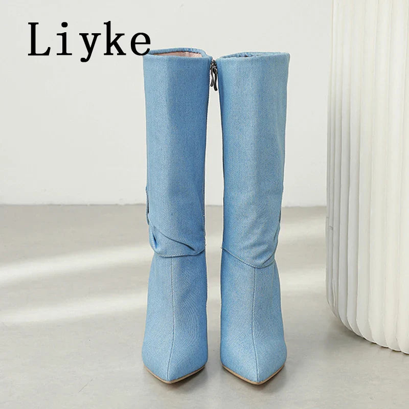 Beberino Blue Denim Knee High Boots - Sexy Pointed Toe Thin Heels