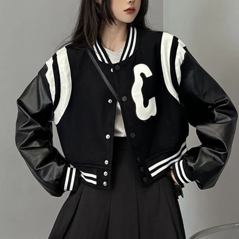 Beberino Black Baseball Jacket: Stylish Cropped Bomber for Women Streetwear Fashion