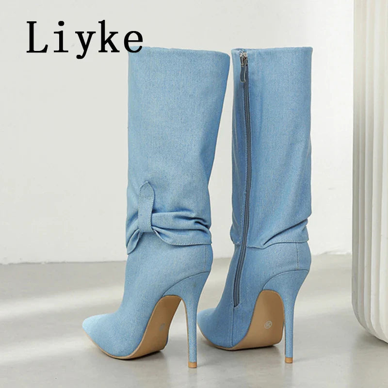 Beberino Blue Denim Knee High Boots - Sexy Pointed Toe Thin Heels