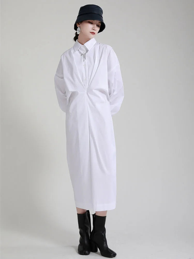 Beberino White Pleated Big Long Shirt Dress Lapel Loose Fit Spring Autumn 2024