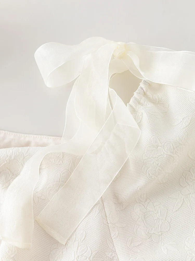 Beberino White Jacquard Dress Square Neck Puff Sleeves French Textured Midi Dress