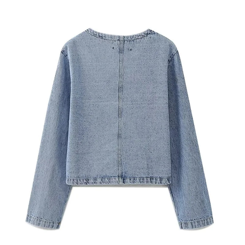 Beberino Denim Crop Jacket – Vintage Button-Up O-Neck Outerwear for Women