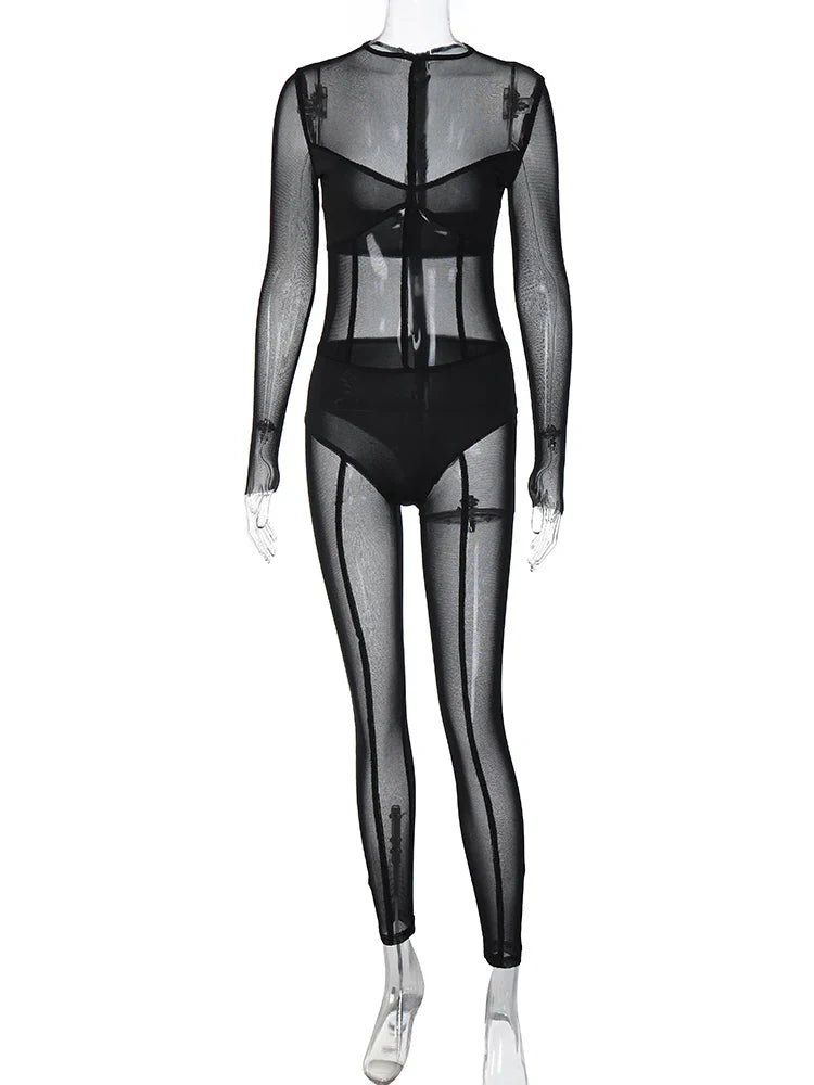 Beberino Mesh Club Wear Long Sleeve Black Jumpsuit for Women