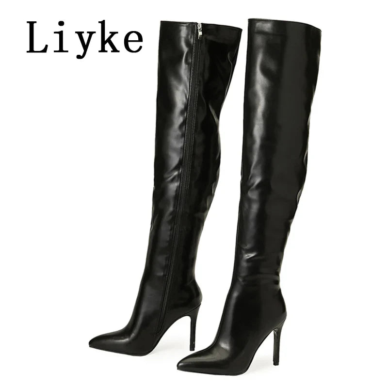 Beberino Red Leather Thigh High Stiletto Boots - Pointed Toe, Zipper Closure