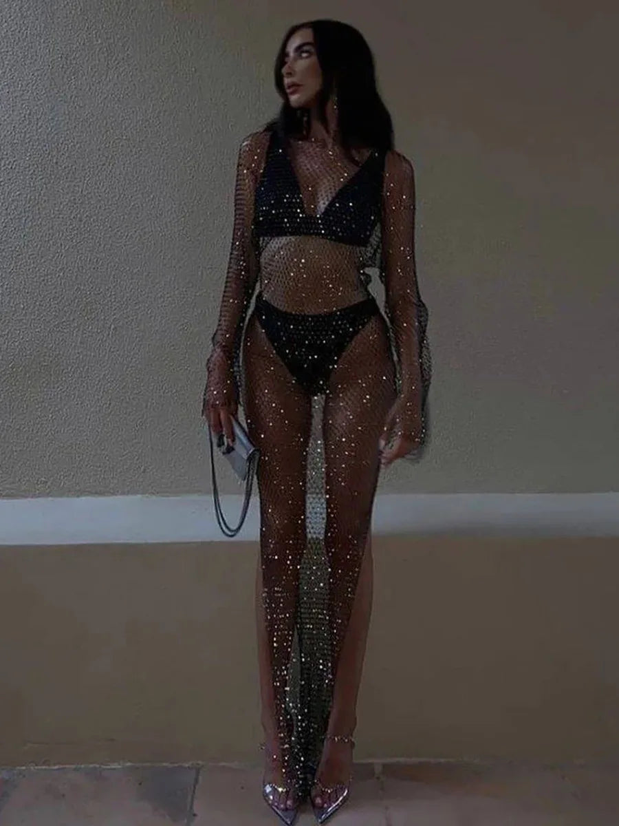 Beberino Rhinestone Fishnet Dress with Side Slit, Sexy Beach Cover Up