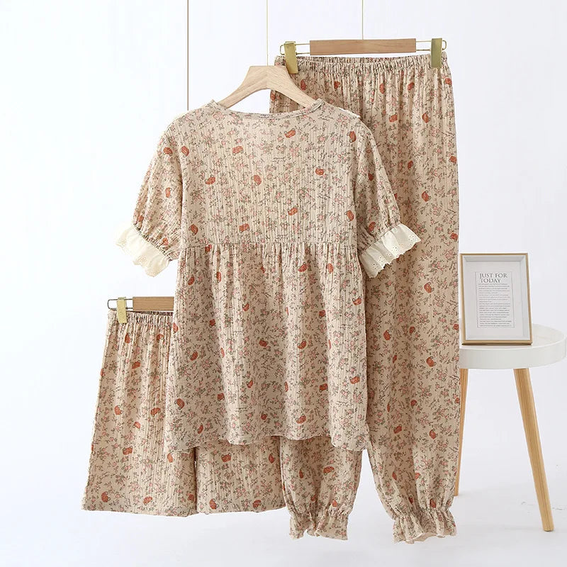 Beberino 100% Cotton 3-Piece Women's Pajama Set with Cardigan - Soft Autumn Spring Sleepwear