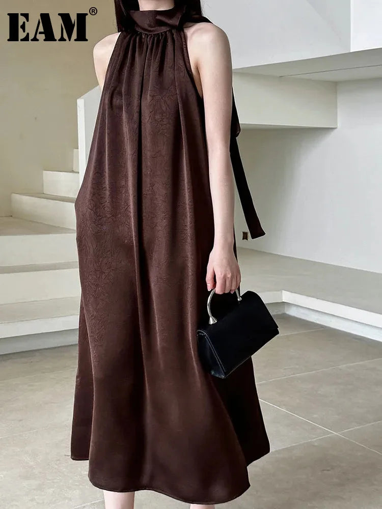 Beberino Halter Bow Detail Elegant Party Dress in Beige Coffee, Sleeveless Trendy Design