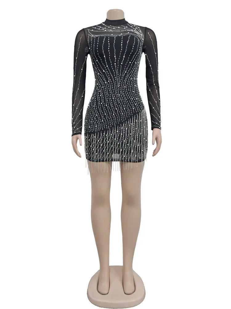 Beberino Mesh Sheath Dress with Chain Tassel & Rhinestone Detail