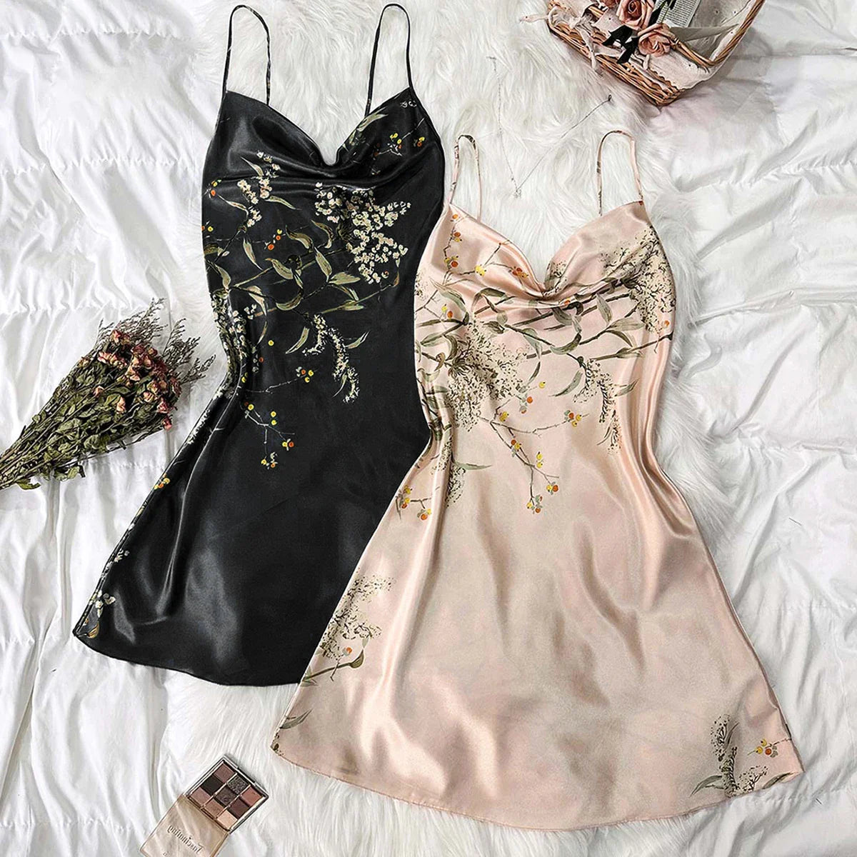 Beberino Satin Silk Print Nightgown Set V-Neck Sexy Suspenders Homewear