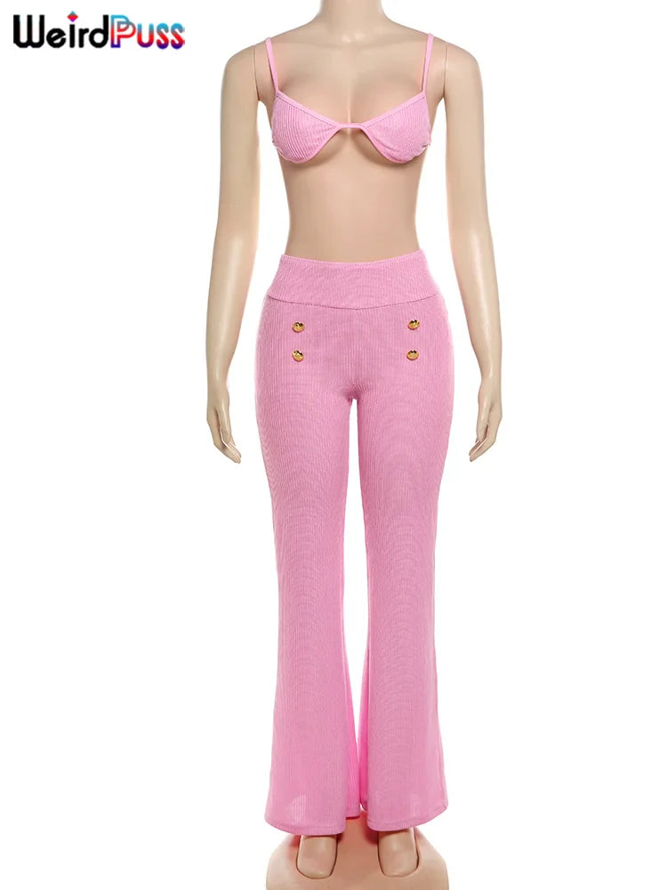 Beberino Sexy Summer 2Piece Set: Bandage Bra Top & Beading Flare Pants Matching Outfits