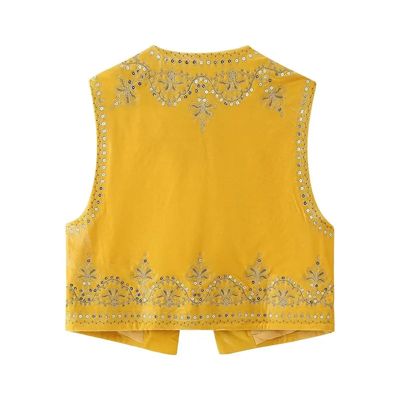 Beberino Chinese Style Sequined Embroidery Velvet Yellow Waistcoat Crop Top