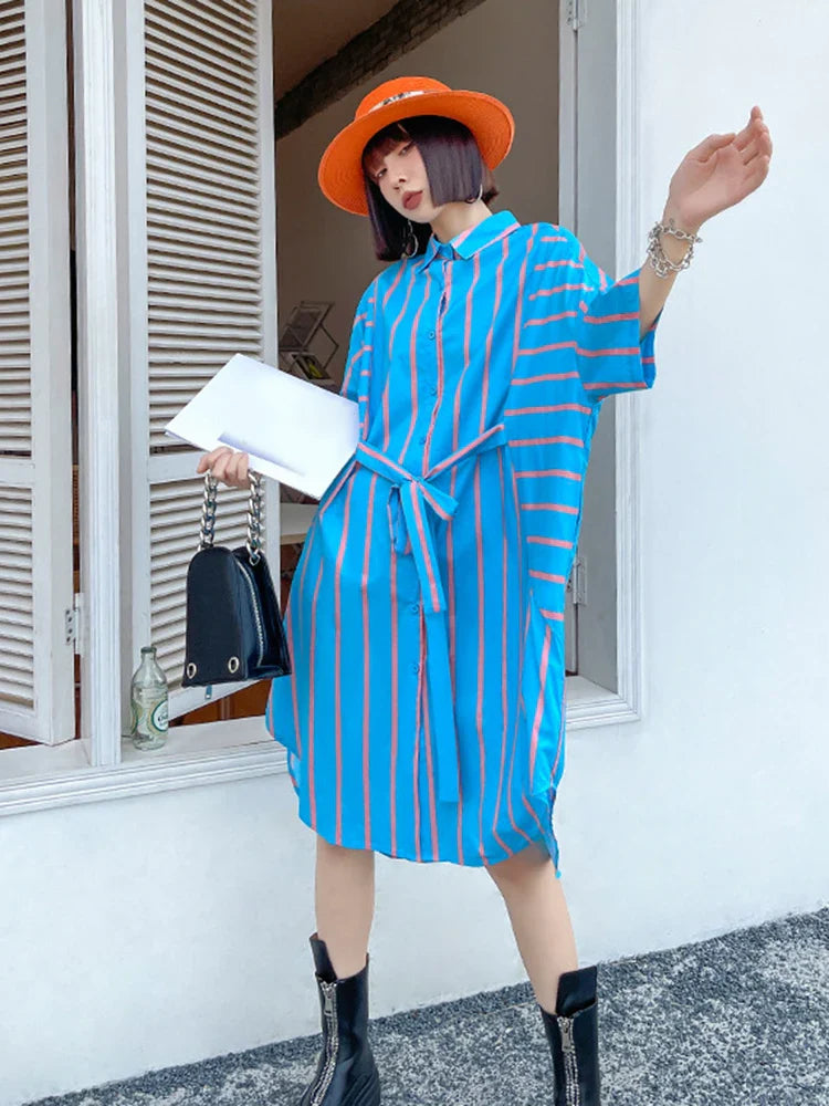 Beberino Blue Striped Oversized Shirt Dress with Lapel, Half Sleeves - Spring/Summer 2024