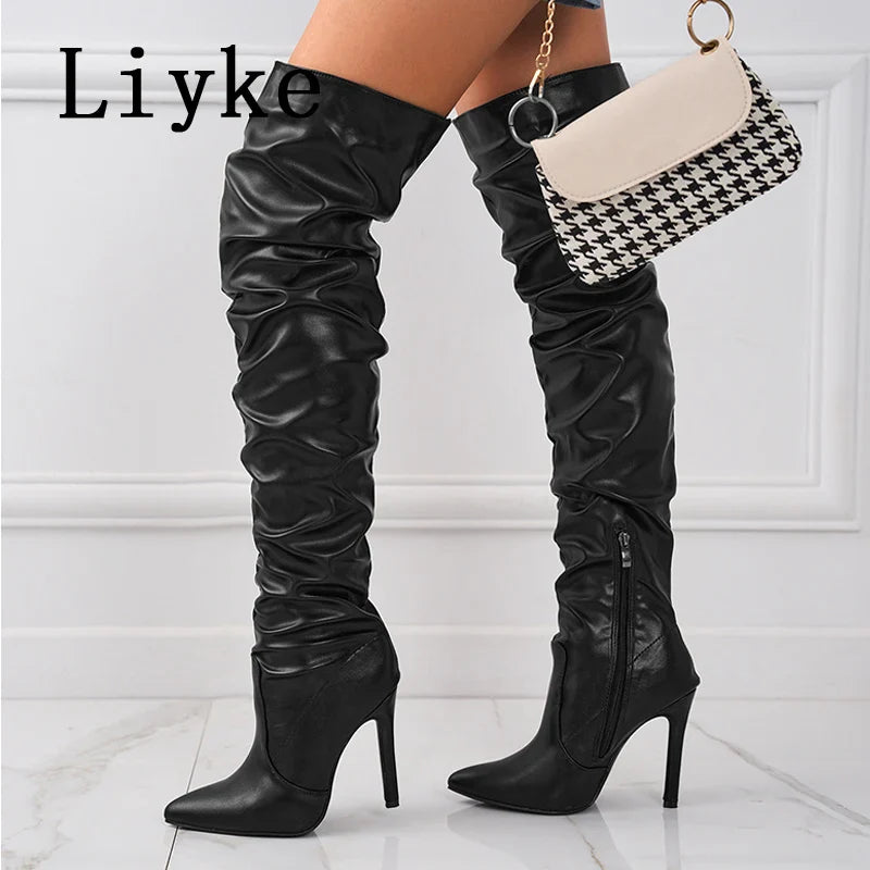 Beberino Pleated Leather Over The Knee Boots, Pointed Toe, Stripper Heels