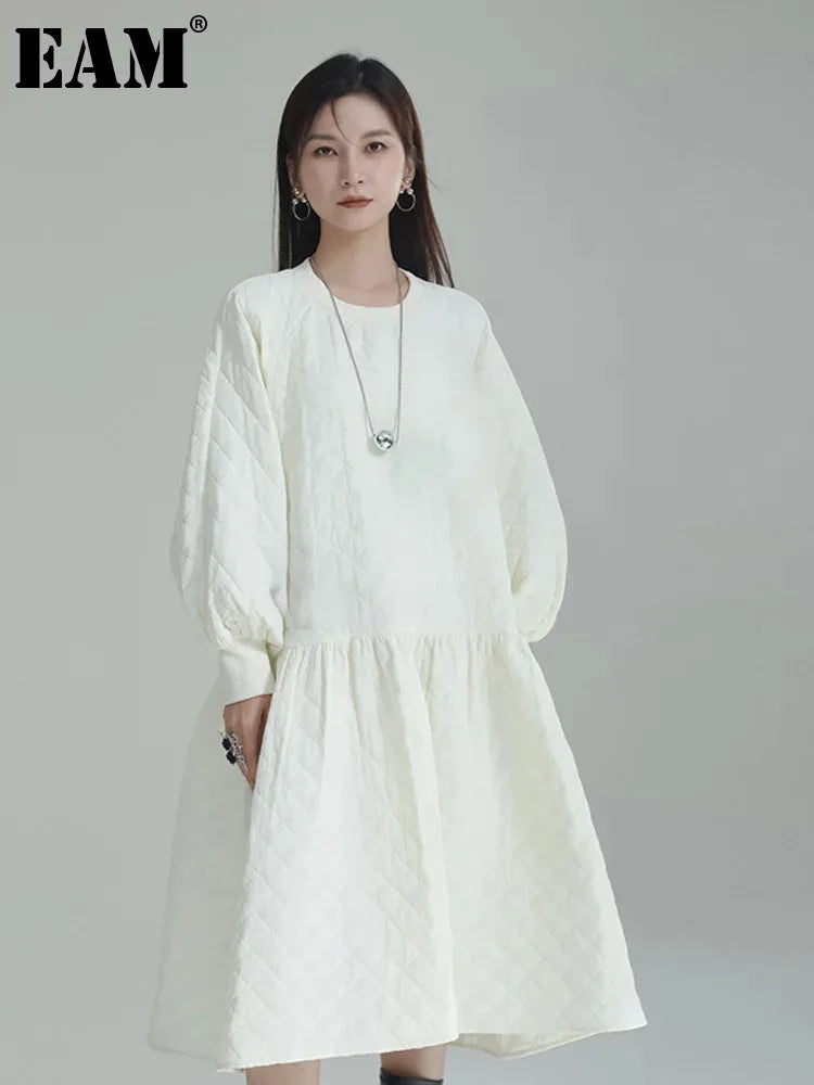 Beberino White Pleated Cotton-padded Dress Round Neck Loose Fit Spring Auutmn 2024