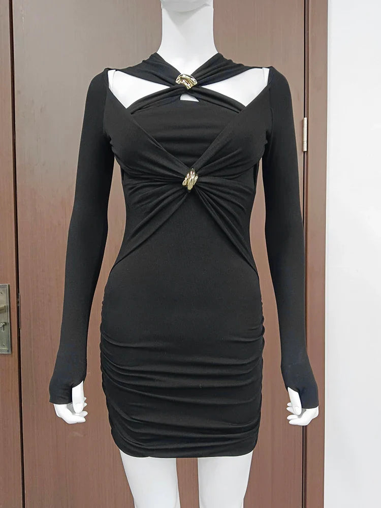 Beberino V-Neck Bodycon Dress - Solid Slim Long Sleeve Mini Dress