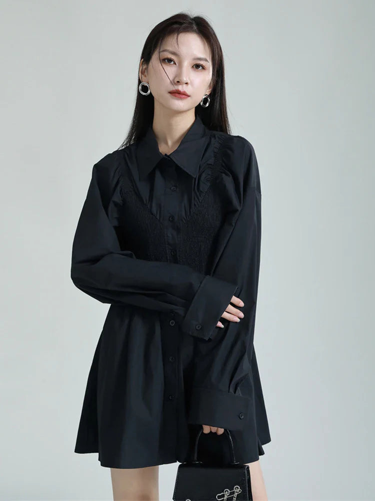 Beberino White Button Pleated A-line Dress, Long Sleeve Casual Women's Fashion for Spring/Autumn.