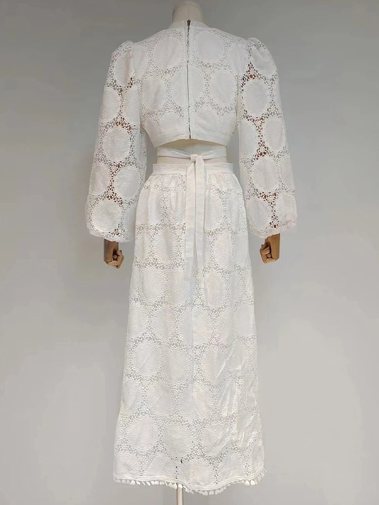 Beberino White V Neck Lantern Sleeve Midi Dress Elegant High Waist Cut Out